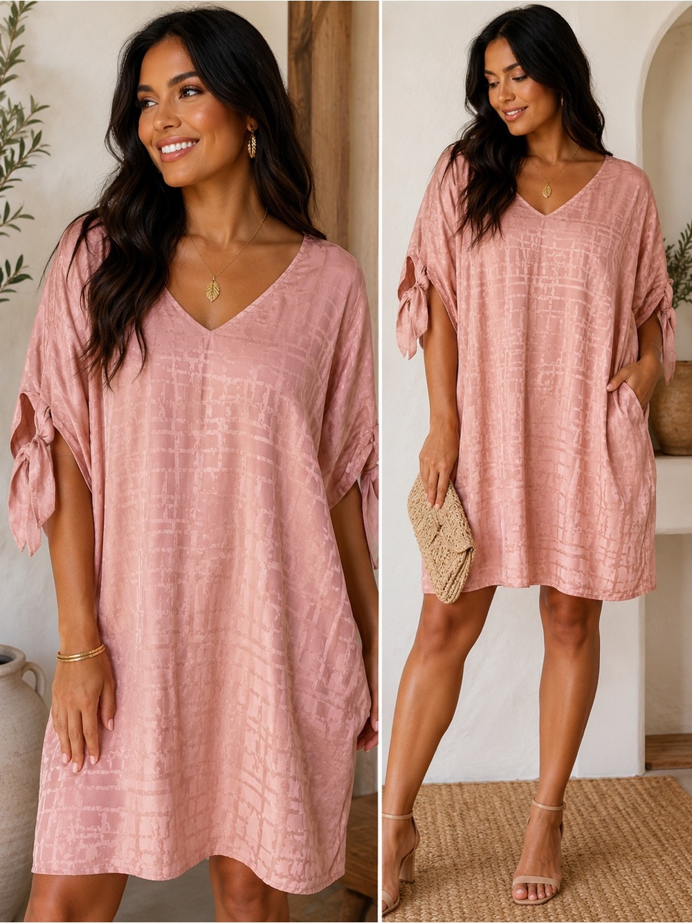 Entro Blush Pink Satin Jacquard Shift Dress 1X Tie Sleeve Pockets